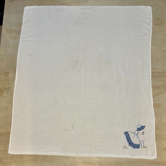 Vintage Hand Embroidered 'Ironing Day' Kitchen Tea Towel~Girl w/Iron ~30"x34" - Picture 2 of 8